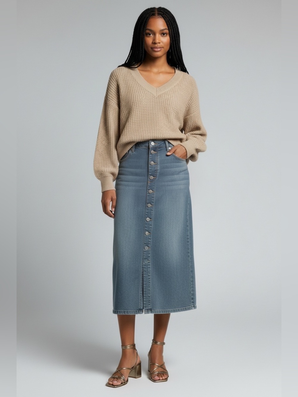SO V-Neck Waffle Knit Sweater in Taupe Beige